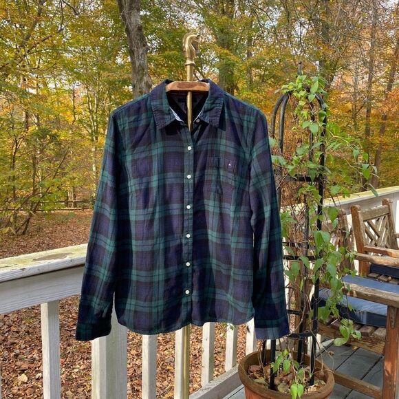 Tommy Hilfiger Black Green Check Plaid Button Front Blouse - Picture 1 of 5